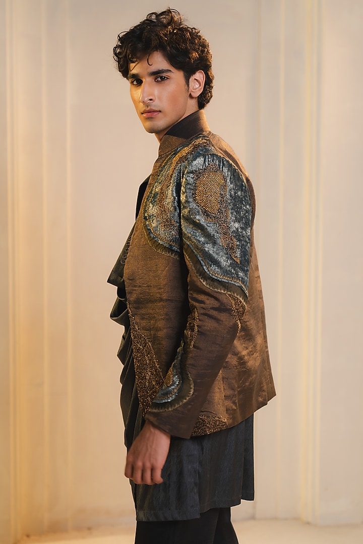 Bronze Gold Tissue Embellished Short Jacket Set by Jatin Malik at Pernia's Pop Up Shop