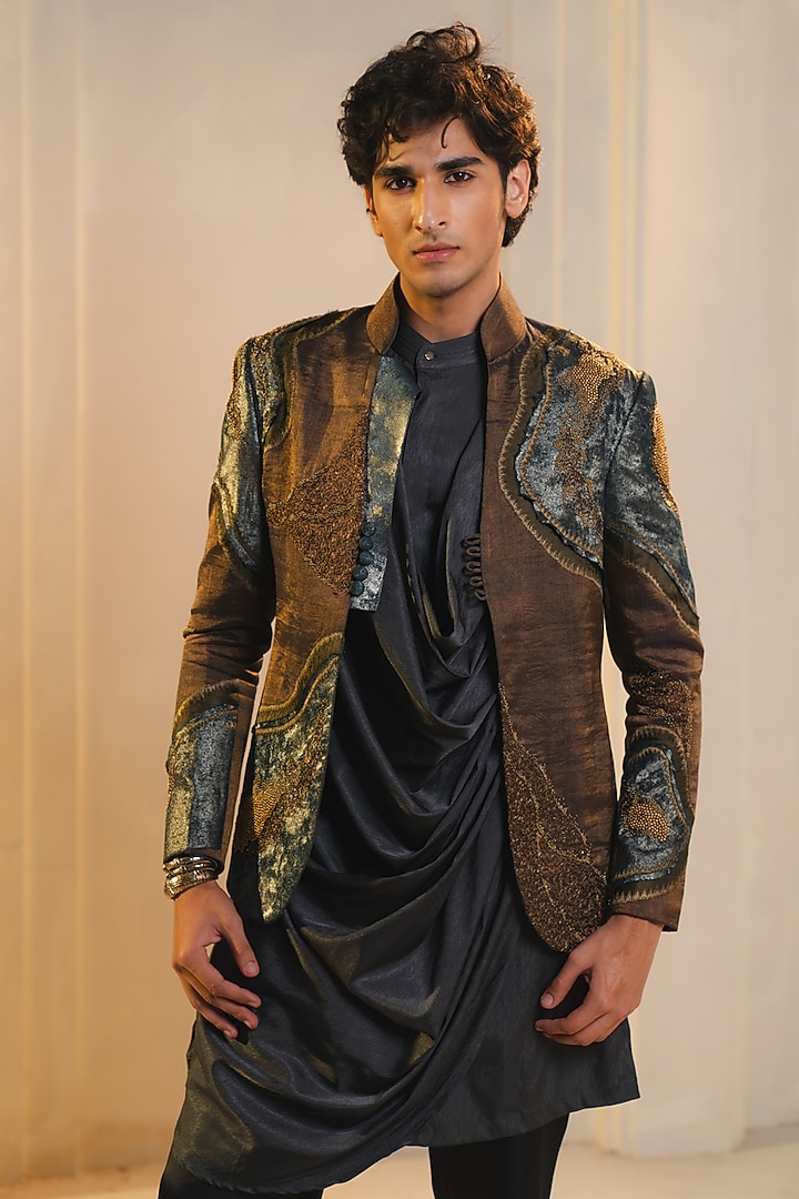 Bronze Gold Tissue Embellished Short Jacket Set by Jatin Malik at Pernia's Pop Up Shop