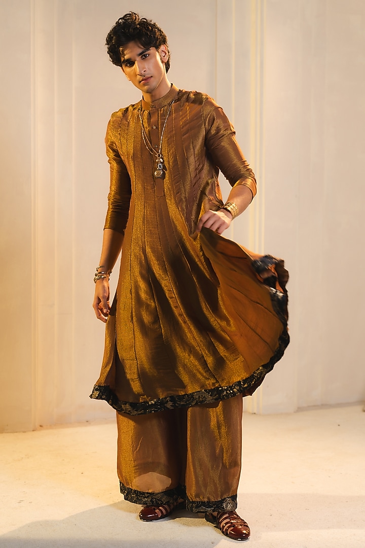 Bronze Gold Tissue Anarkali Kurta Set by Jatin Malik at Pernia's Pop Up Shop