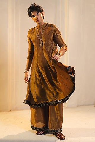 Bronze Gold Tissue Anarkali Kurta Set by Jatin Malik