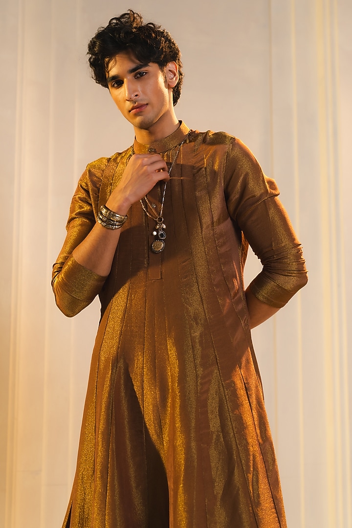 Bronze Gold Tissue Anarkali Kurta Set by Jatin Malik at Pernia's Pop Up Shop