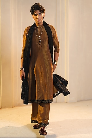 Bronze Gold Tissue Anarkali Kurta Set by Jatin Malik