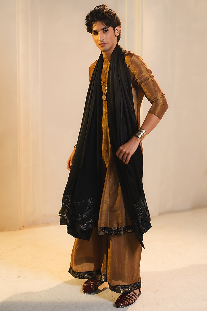 Bronze Gold Tissue Anarkali Kurta Set by Jatin Malik at Pernia's Pop Up Shop