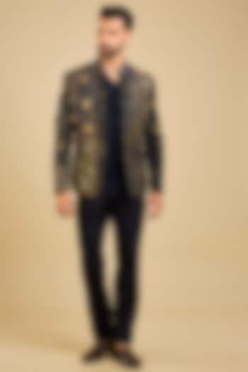 Midnight Blue Jacquard Tuxedo Set by Jatin Malik at Pernia's Pop Up Shop