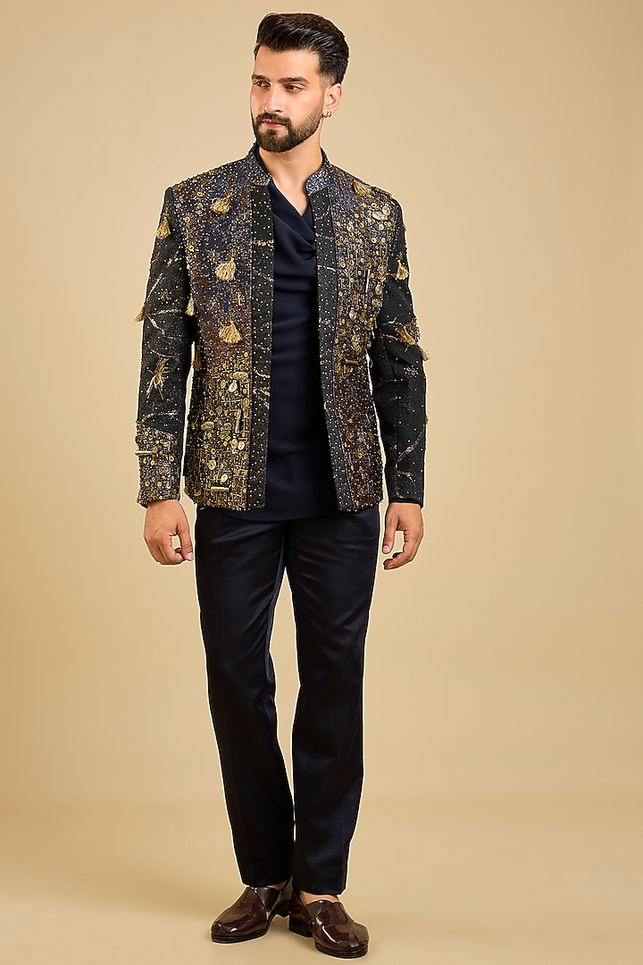 Midnight Blue Jacquard Tuxedo Set by Jatin Malik at Pernia's Pop Up Shop