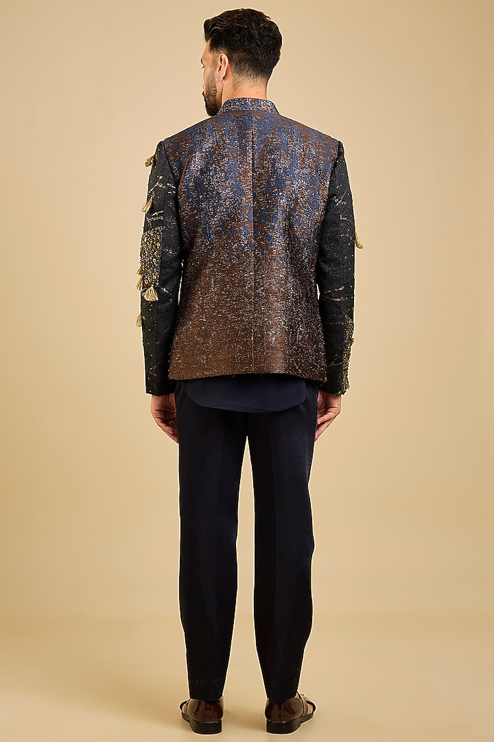 Midnight Blue Jacquard Tuxedo Set by Jatin Malik at Pernia's Pop Up Shop