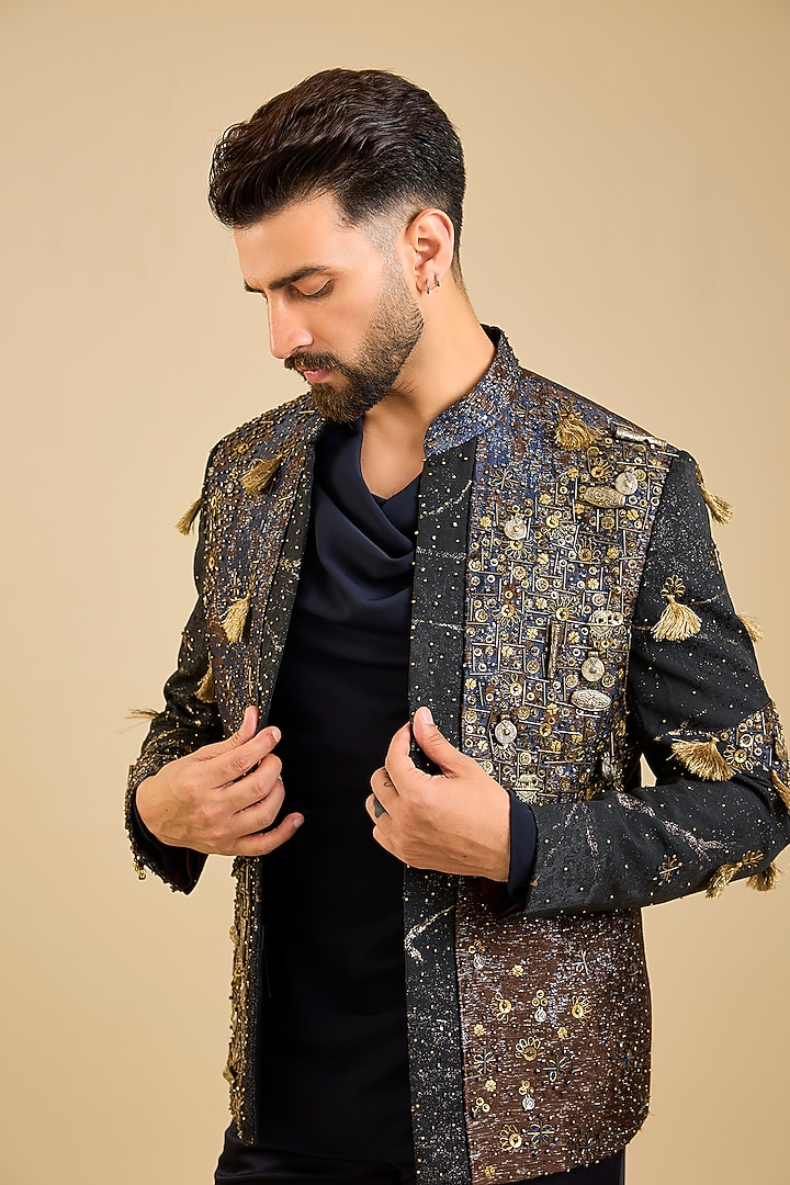 Midnight Blue Jacquard Tuxedo Set by Jatin Malik at Pernia's Pop Up Shop