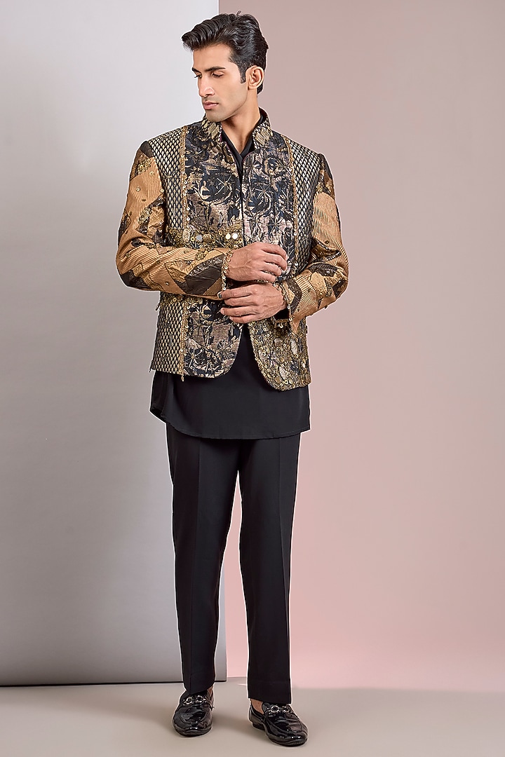 Gold Jacquard Groom Indowestern Set by Jatin Malik at Pernia's Pop Up Shop