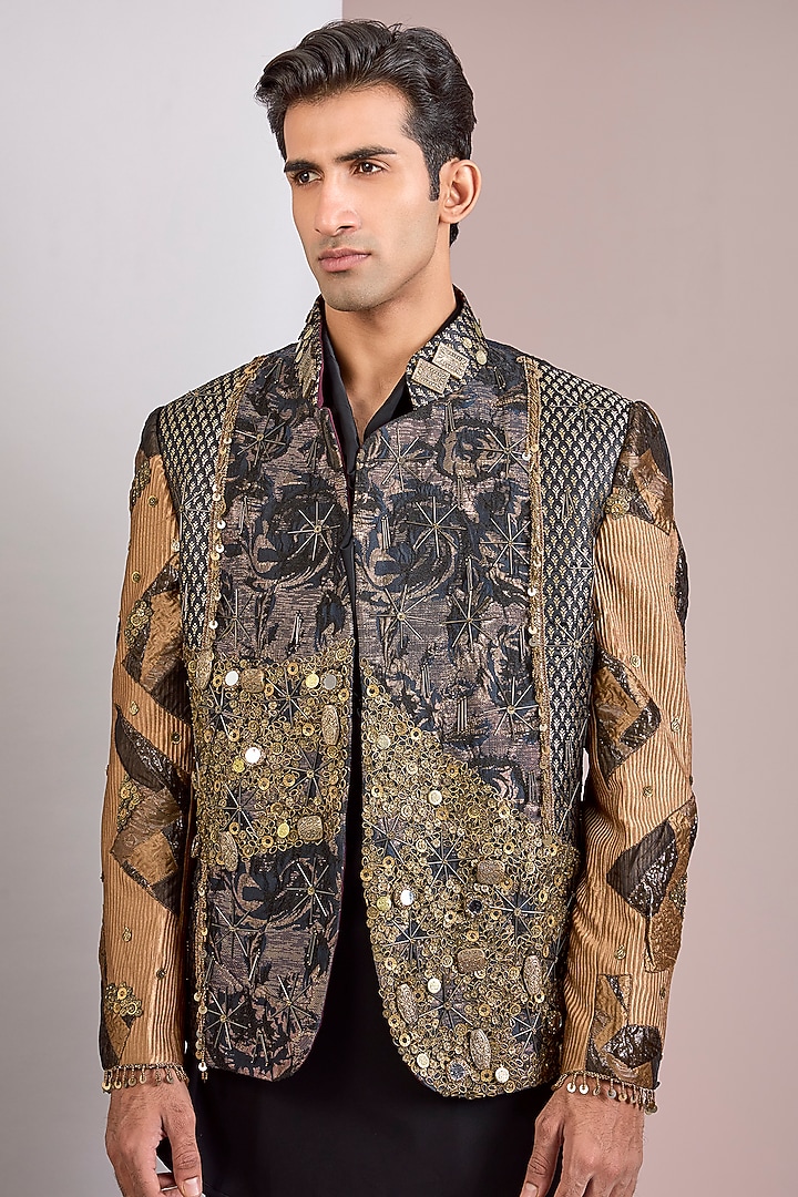 Gold Jacquard Groom Indowestern Set by Jatin Malik at Pernia's Pop Up Shop