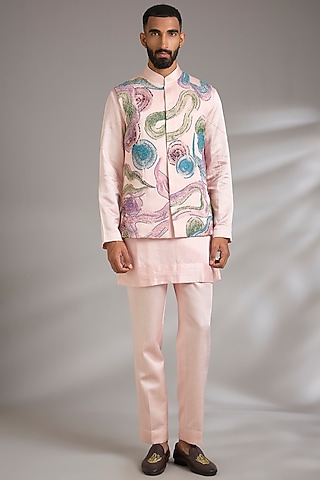 Pink Linen Silk Bundi Jacket Set by Jatin Malik