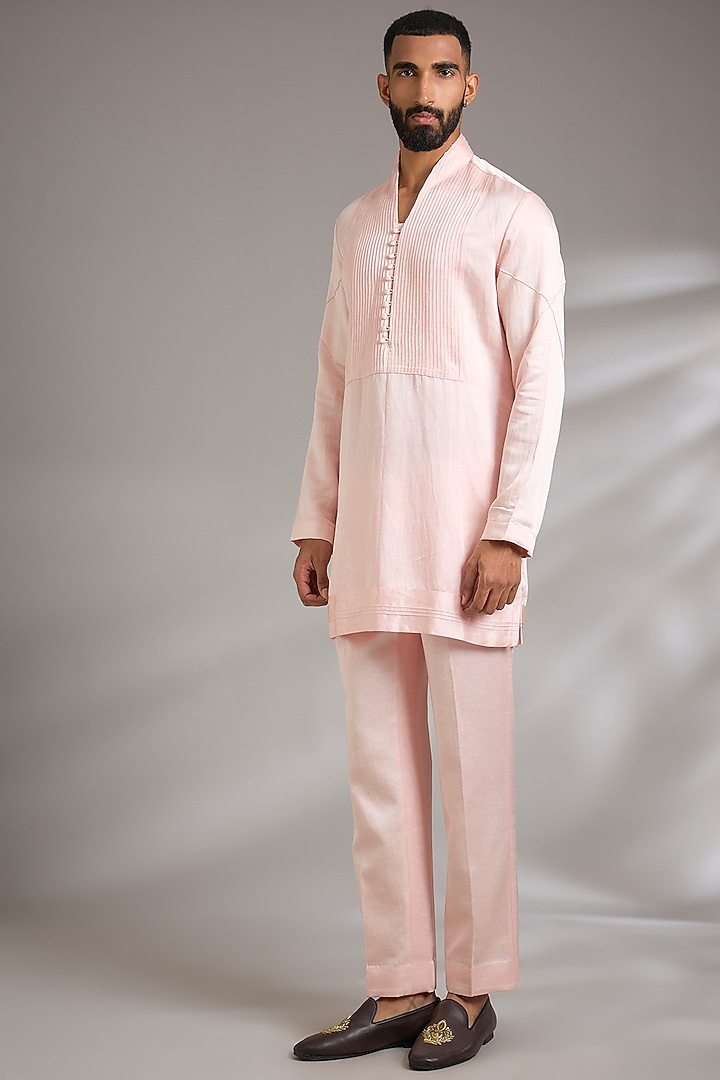 Pink Linen Silk Bundi Jacket Set by Jatin Malik at Pernia's Pop Up Shop