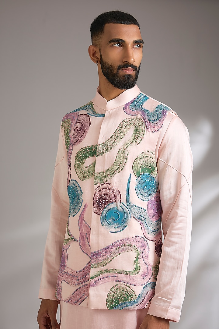 Pink Linen Silk Bundi Jacket Set by Jatin Malik at Pernia's Pop Up Shop