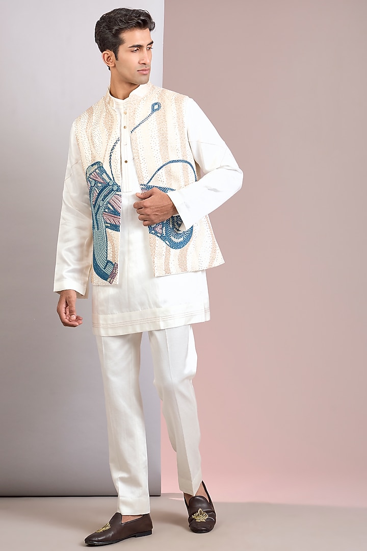 Ivory Linen Silk Bundi Jacket Set by Jatin Malik at Pernia's Pop Up Shop