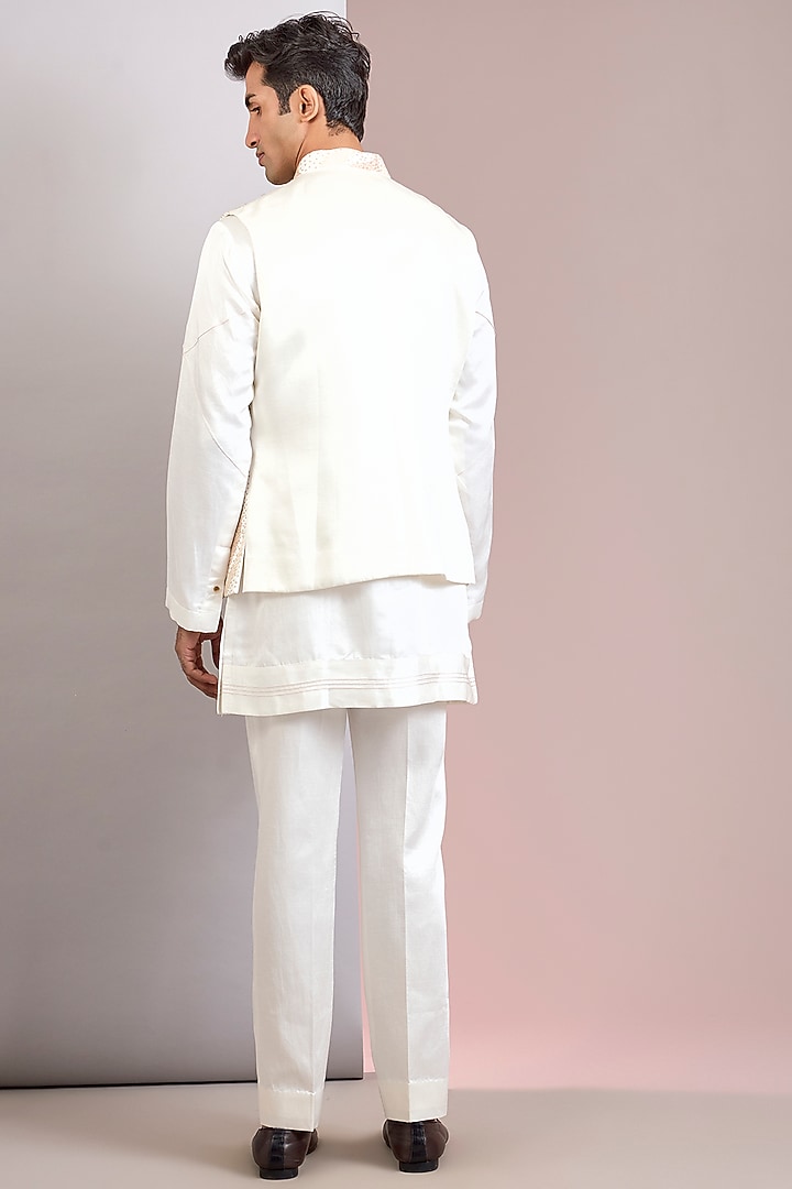 Ivory Linen Silk Bundi Jacket Set by Jatin Malik at Pernia's Pop Up Shop