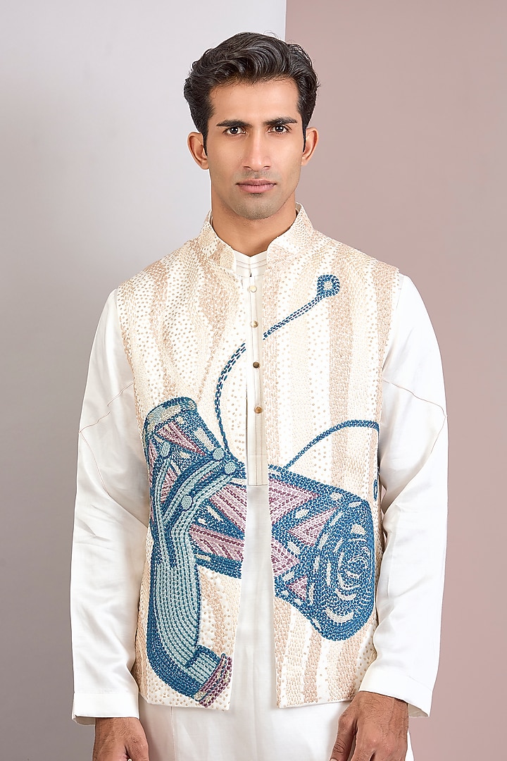 Ivory Linen Silk Bundi Jacket Set by Jatin Malik at Pernia's Pop Up Shop