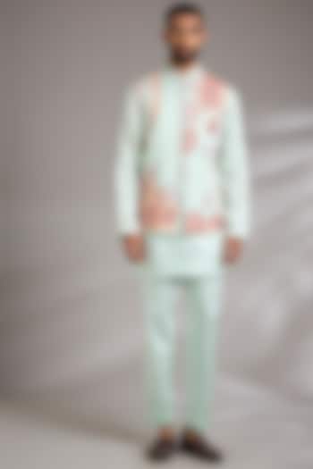 Sage Green Linen Silk Bundi Jacket Set by Jatin Malik at Pernia's Pop Up Shop