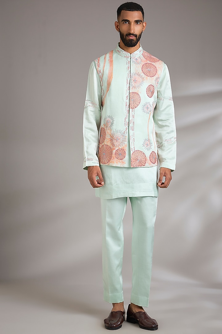 Sage Green Linen Silk Bundi Jacket Set by Jatin Malik at Pernia's Pop Up Shop