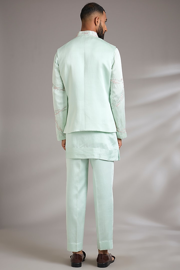 Sage Green Linen Silk Bundi Jacket Set by Jatin Malik at Pernia's Pop Up Shop