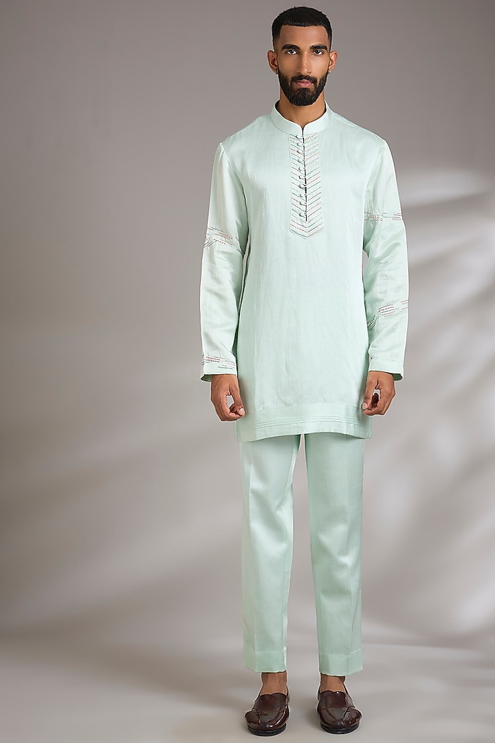 Sage Green Linen Silk Bundi Jacket Set by Jatin Malik at Pernia's Pop Up Shop
