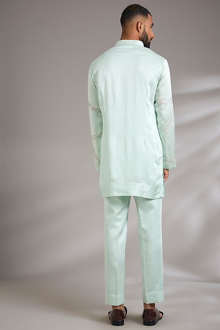 Sage Green Linen Silk Bundi Jacket Set by Jatin Malik at Pernia's Pop Up Shop