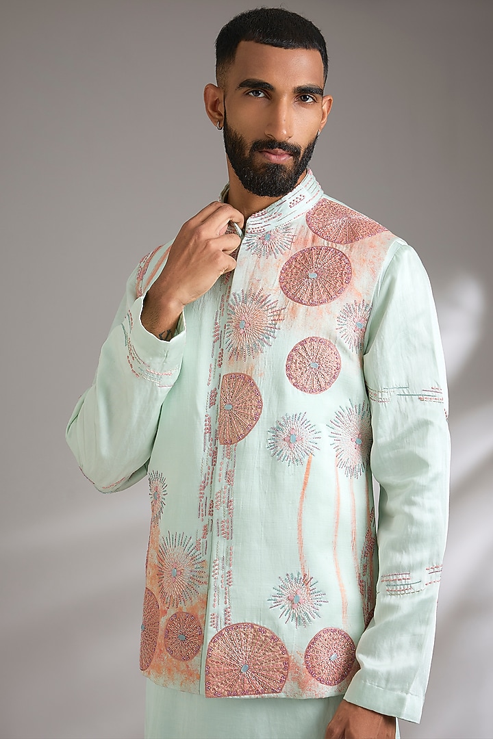 Sage Green Linen Silk Bundi Jacket Set by Jatin Malik at Pernia's Pop Up Shop