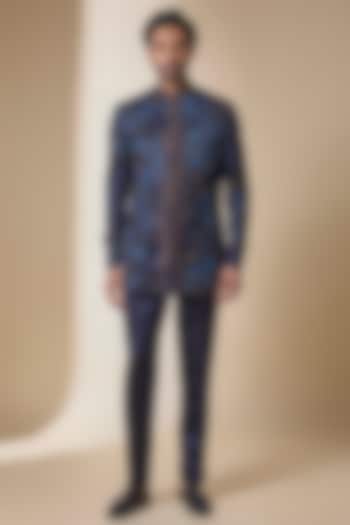 Midnight Blue Linen Silk Groom Indowestern Set by Jatin Malik at Pernia's Pop Up Shop