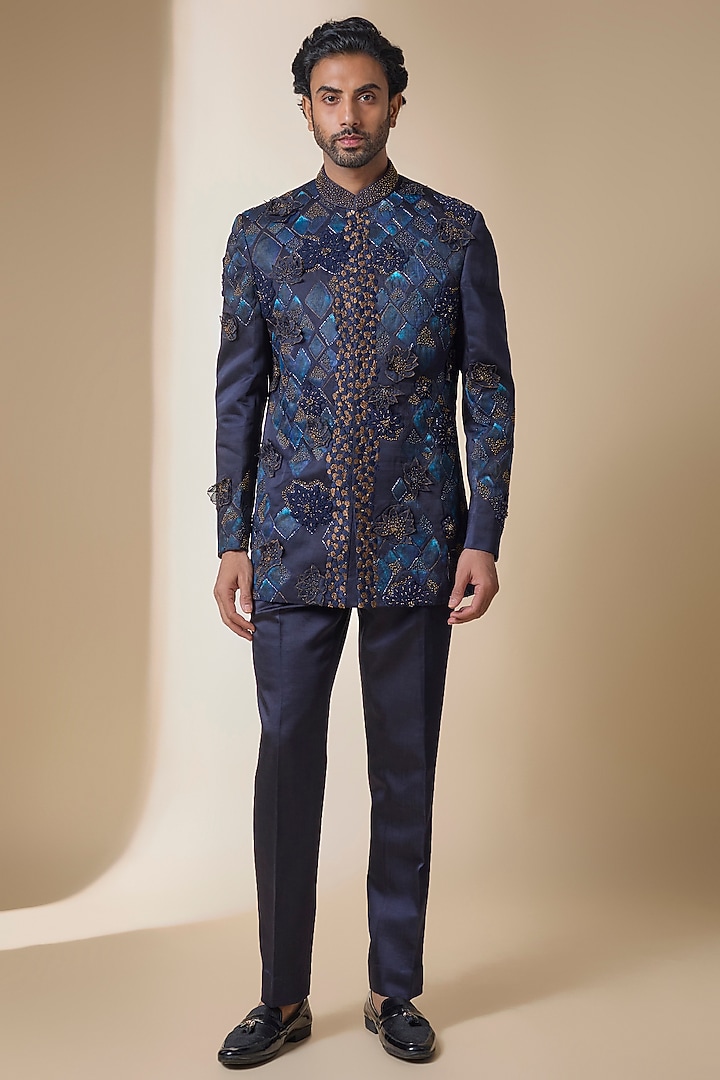 Midnight Blue Linen Silk Groom Indowestern Set by Jatin Malik at Pernia's Pop Up Shop