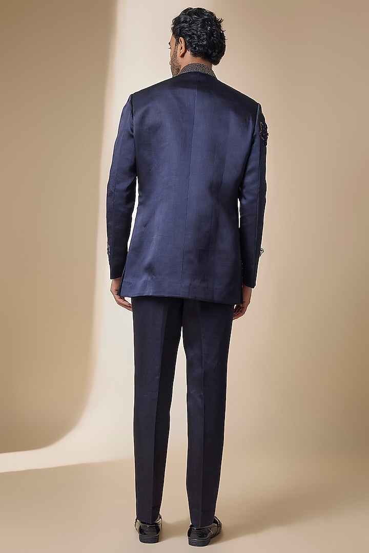 Midnight Blue Linen Silk Groom Indowestern Set by Jatin Malik at Pernia's Pop Up Shop