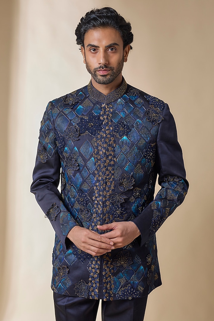 Midnight Blue Linen Silk Groom Indowestern Set by Jatin Malik at Pernia's Pop Up Shop
