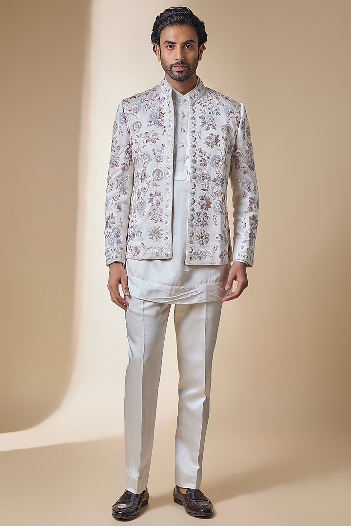 Silver Linen Silk Indwowestern Set by Jatin Malik at Pernia's Pop Up Shop