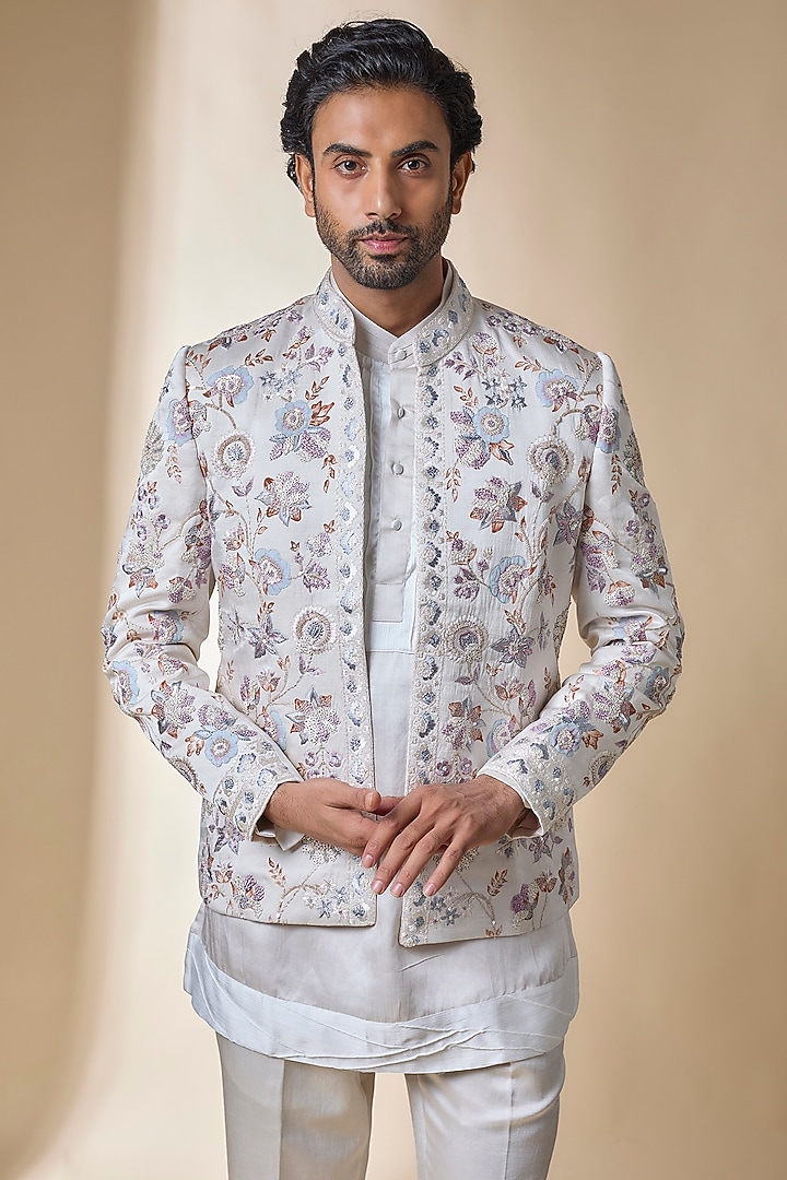 Apricot Ivory Linen Silk Indwowestern Set by Jatin Malik at Pernia's Pop Up Shop
