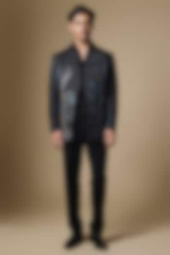 Black Linen Silk Groom Indowestern Set by Jatin Malik at Pernia's Pop Up Shop
