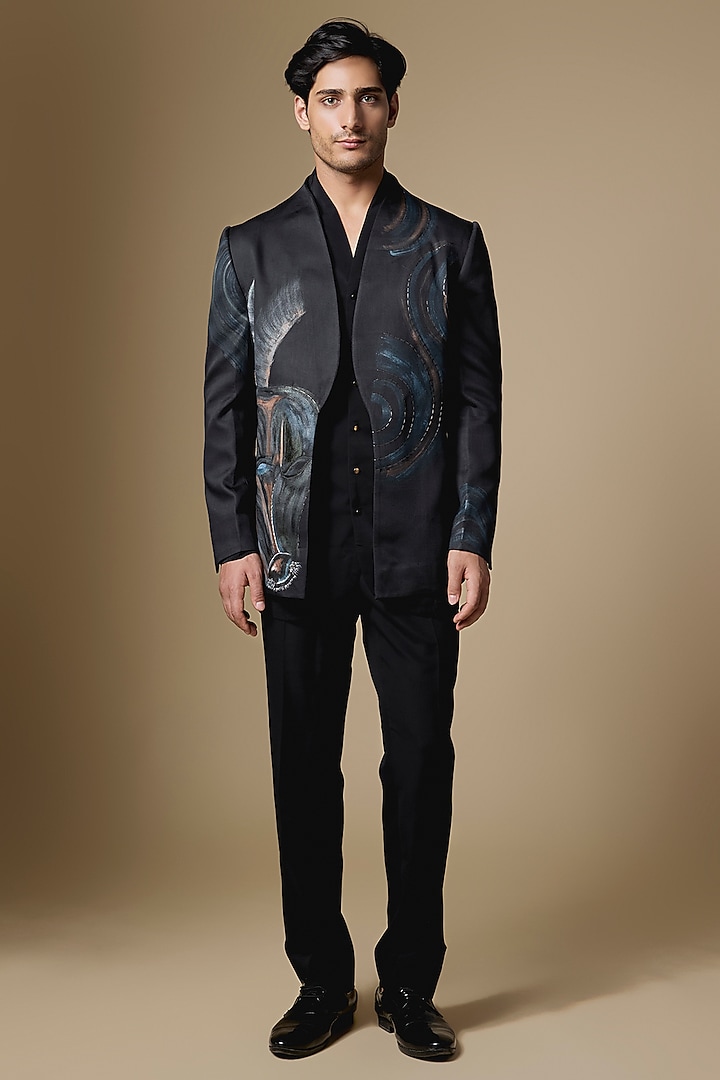 Black Linen Silk Groom Indowestern Set by Jatin Malik at Pernia's Pop Up Shop