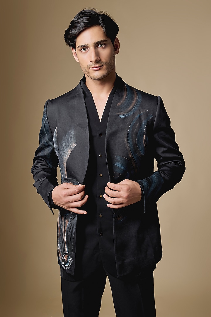Black Linen Silk Groom Indowestern Set by Jatin Malik at Pernia's Pop Up Shop