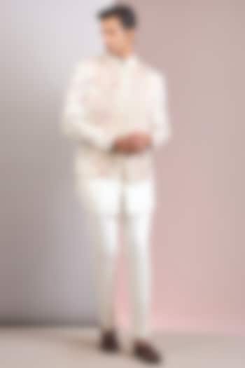 Ivory Linen Silk Groom Indowestern Set by Jatin Malik at Pernia's Pop Up Shop