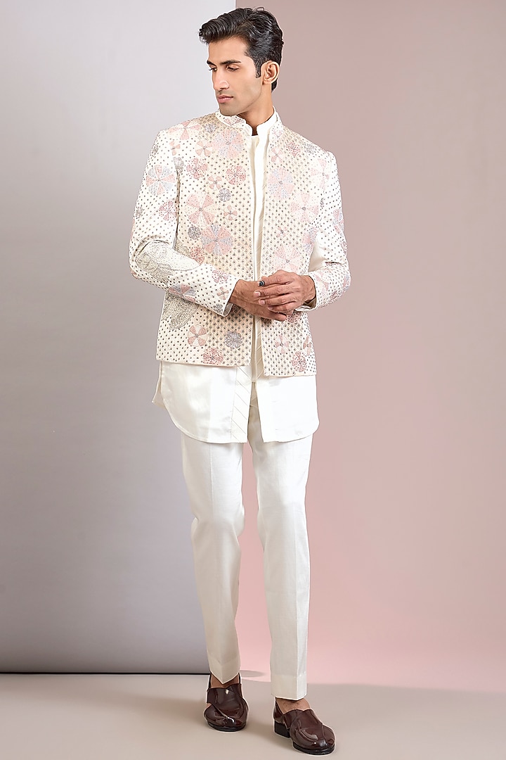 Ivory Linen Silk Groom Indowestern Set by Jatin Malik at Pernia's Pop Up Shop