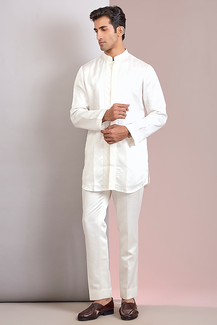 Ivory Linen Silk Groom Indowestern Set by Jatin Malik at Pernia's Pop Up Shop