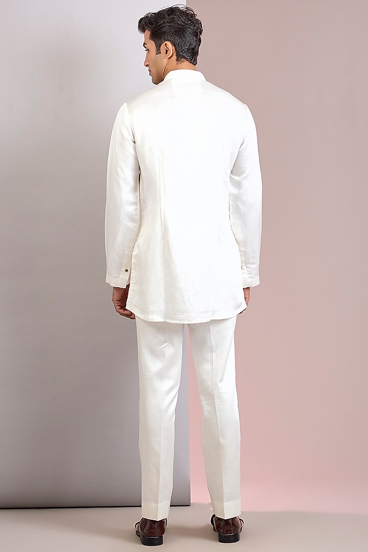 Ivory Linen Silk Groom Indowestern Set by Jatin Malik at Pernia's Pop Up Shop