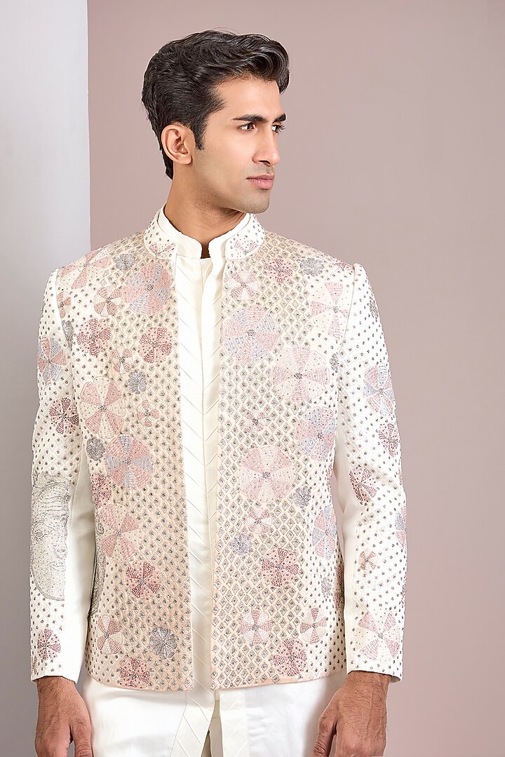 Ivory Linen Silk Groom Indowestern Set by Jatin Malik at Pernia's Pop Up Shop
