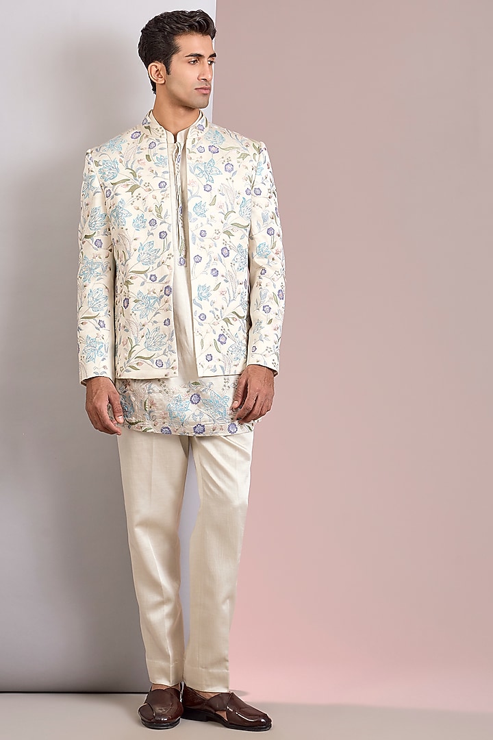Silver Linen Silk Groom Indowestern Set by Jatin Malik at Pernia's Pop Up Shop