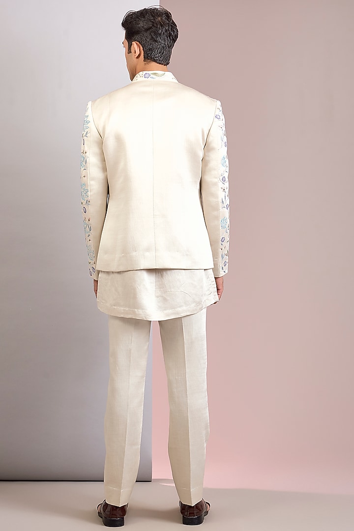 Silver Linen Silk Groom Indowestern Set by Jatin Malik at Pernia's Pop Up Shop