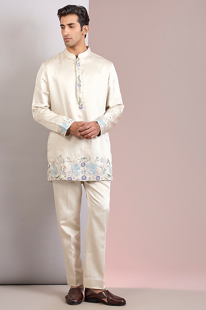 Silver Linen Silk Groom Indowestern Set by Jatin Malik at Pernia's Pop Up Shop