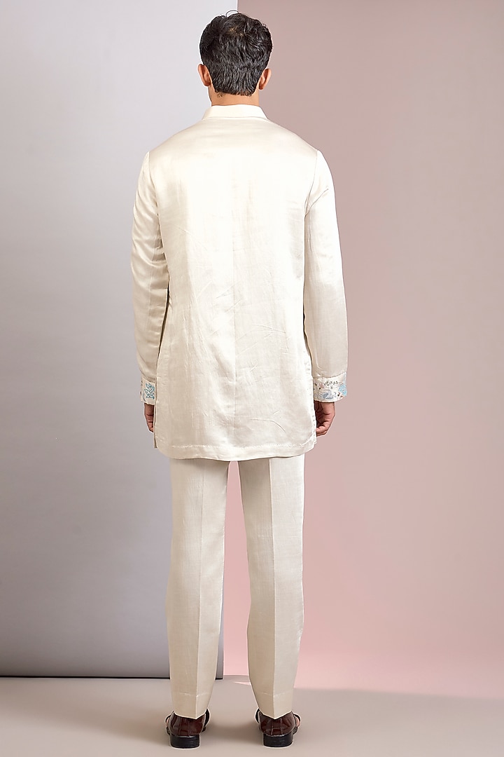 Silver Linen Silk Groom Indowestern Set by Jatin Malik at Pernia's Pop Up Shop