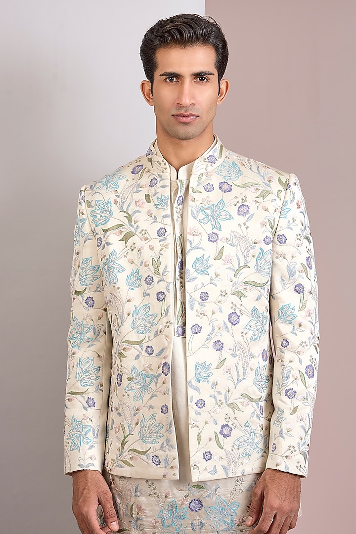 Silver Linen Silk Groom Indowestern Set by Jatin Malik at Pernia's Pop Up Shop