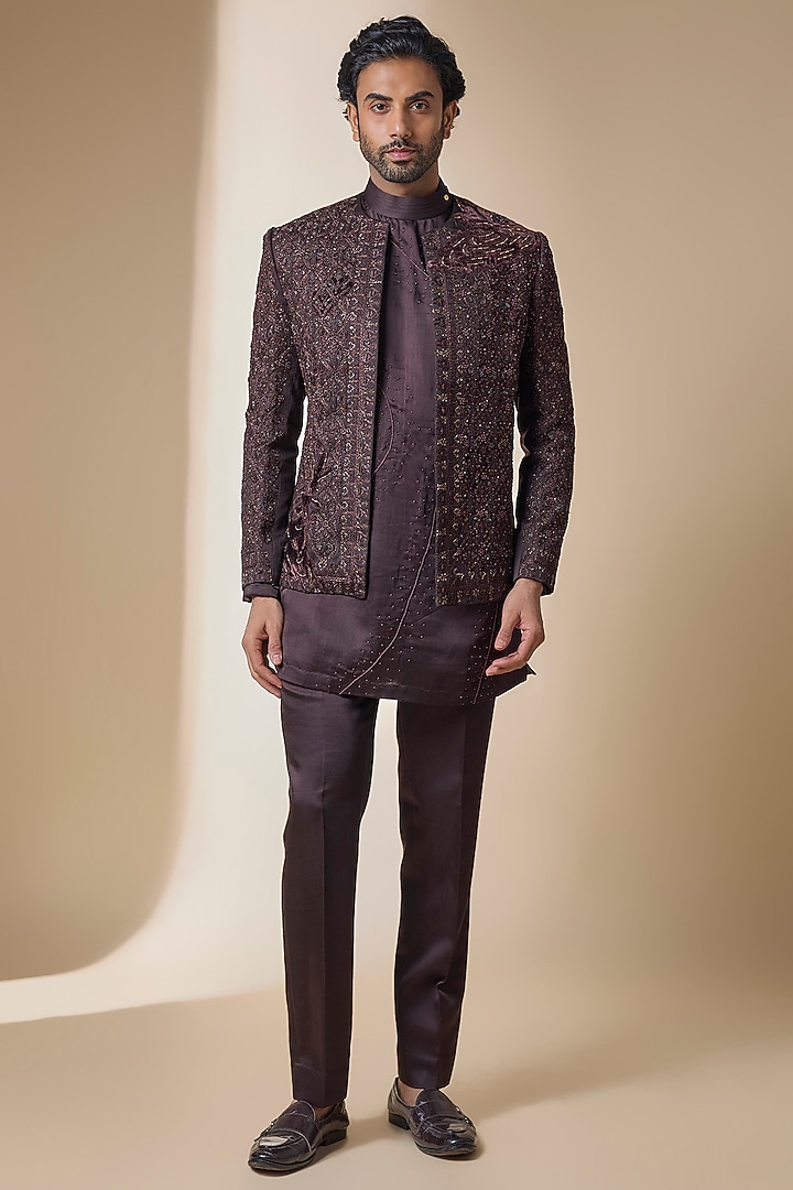 Dark Brown Linen Silk Indwowestern Set by Jatin Malik at Pernia's Pop Up Shop