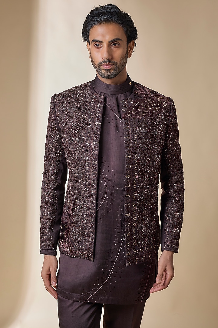Dark Brown Linen Silk Indwowestern Set by Jatin Malik at Pernia's Pop Up Shop