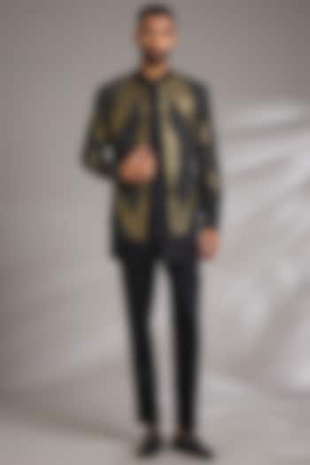 Black Linen Silk Groom Indowestern Set by Jatin Malik at Pernia's Pop Up Shop