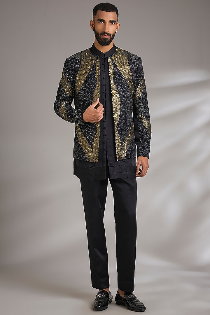 Black Linen Silk Groom Indowestern Set by Jatin Malik at Pernia's Pop Up Shop