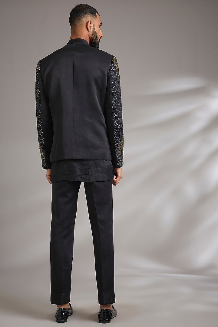 Black Linen Silk Groom Indowestern Set by Jatin Malik at Pernia's Pop Up Shop