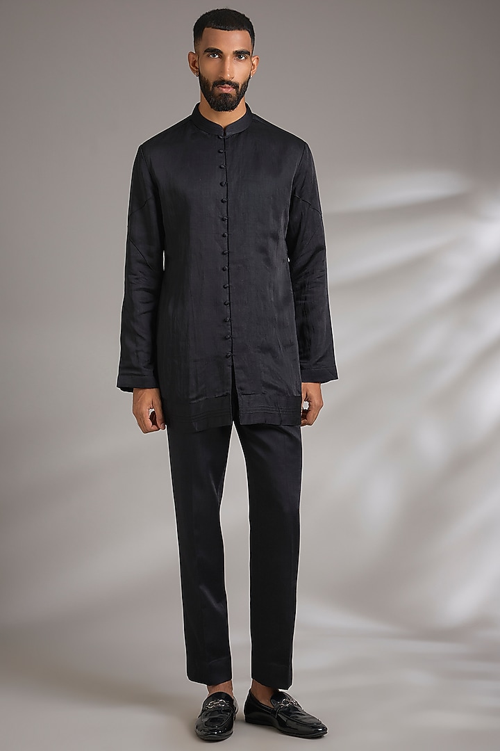 Black Linen Silk Groom Indowestern Set by Jatin Malik at Pernia's Pop Up Shop